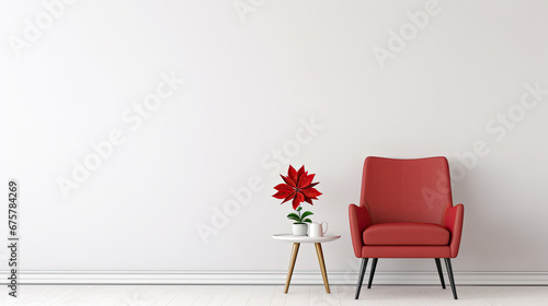 salón con decoración minimalista con butaca y mesa central sobre fondo blanco