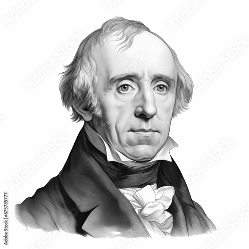 Black and white vintage engraving, headshot portrait of William Wordsworth the famous English poet, white background, greyscale - Generative AI