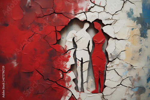 Broken, worn out and fragmented family. Concept of love ending and crumbling in a story of breaking family ties. Broken relationship fissure with peeling wall.