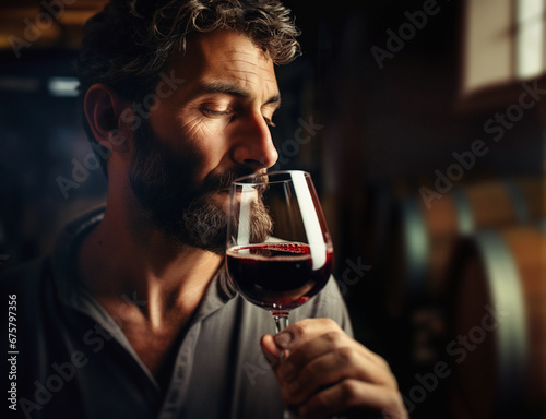 Close-up portrait of a winemaker breathing in the aromas of a red wine by holding a glass up to his nose. Cellar with barrels in background. Generative ai
