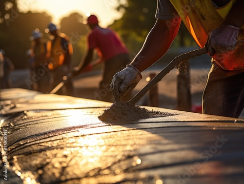 Construction worker guiding a concrete pour for a roadway, ensuring precision and smooth finishing