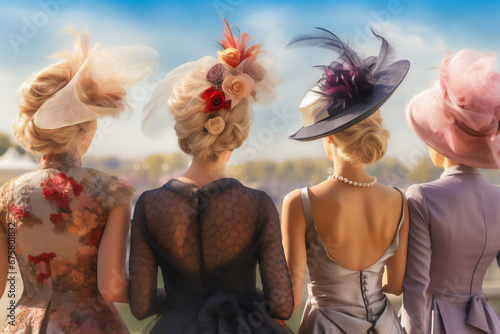 Young pretty women in beautiful dresses wearing fascinators watching horse racing.