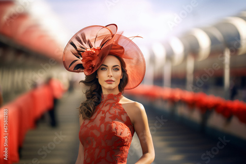 Young pretty woman in beautiful dress wearing fascinator at horse racing track.