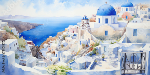Aerial View of Santorini, Greece - A Vibrant Watercolor Painting Illustration