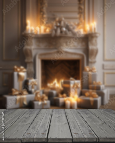 Diseño con desenfoque creativo y suelo o stand de madera. Fondo navideño de pino de navidad y hoguera dentro del salon de casa. Regalos de navidad y luces de navidad.