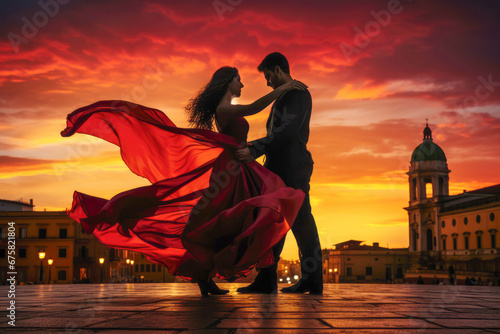 A happy and romantic couple dancing the tango in the city, their love and passion evident in their graceful movements.