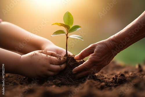Human hands put a tree into the soil for World Environment Day concept