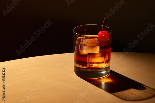 Old Fashioned cocktail basks in the glow of dramatic lighting, casting a long shadow. A single cherry garnish perches on the rim, a touch of sweetness against the stark, moody background.