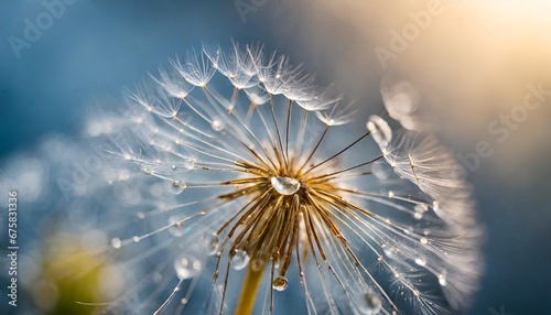 Beautiful dew drops on a dandelion seed macro. Beautiful blue background. Large golden dew drops on a parachute dandelion. Soft dreamy tender artistic image form.