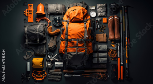 Orange backpack flat lay of various technologies with climbing equipment arranged on black background.