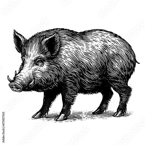 Wild boar, hand drawn sketch on isolated background. Vintage engraving. Vector drawing of a wild boar in full growth