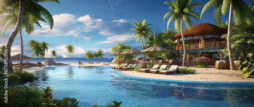 swimming pool with lounge chairs among palm trees