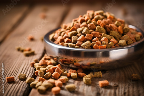 A bowl filled with dog food, ready to provide nourishment for a furry friend.