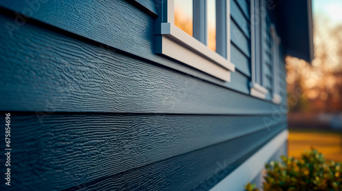 Blue vinyl siding texture and window, close-up view.