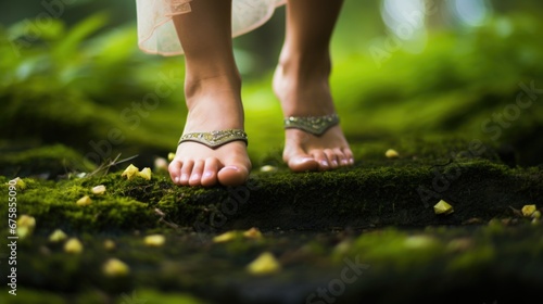 A woman's bare feet are standing on a moss covered path, AI