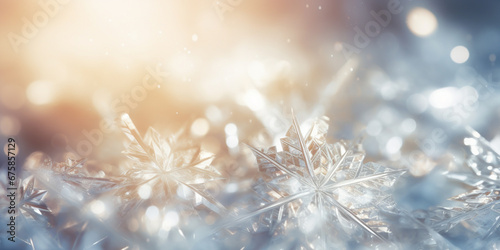 Abstract Magic Winter Snowflake. Landscape Background with Snow, Snowflakes and Gold, Bokeh Lights - Banner, Panorama, Glamour. Glistering Blue and Gold colour. 