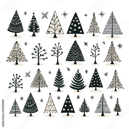 Black doodle Christmas trees symbols clip art on white background