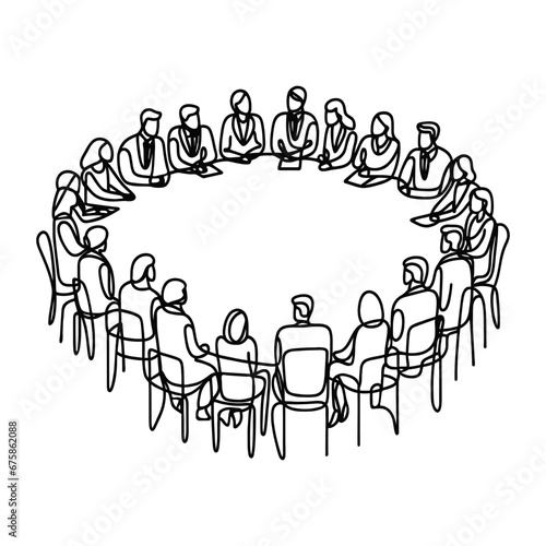 group of people sitting in a circle for a discussion or meeting drawn by one line. Vector illustration