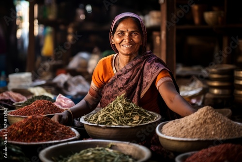 Indian woman homemaker the spices market looking at the camera. Banner