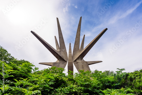 Sopot, Serbia - June 11, 2023: Kosmaj monument in the Kosmaj mountains. Monument to the Fallen Soldiers of the Kosmaj Partisan Detachment, Kosmaj mountain near Belgrade, Serbia