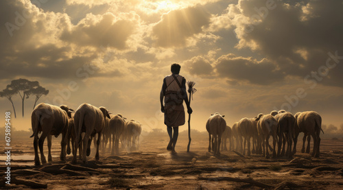 African shepherd walking with his sheeps 