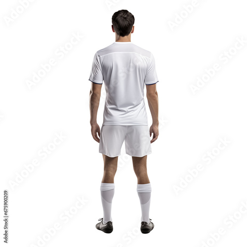 Back view of soccer player standing in white outfit