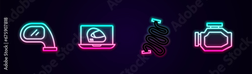 Set line Car mirror, Racing helmet, track and Check engine. Glowing neon icon. Vector