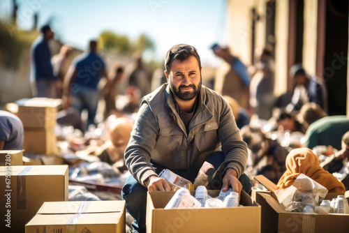 Sad male volunteer unload, collect, and distribute boxes of humanitarian aid to war-affected civilians and refugees from the conflict, ensuring their safety and well-being during this crisis