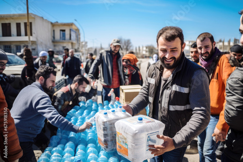 A male volunteer distributes boxes of clean drinking water and humanitarian aid to a war-affected woman in a hijab, civilians affected by the war conflict