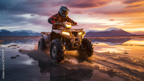 A quad bike racer rides through snow and water. ai generative