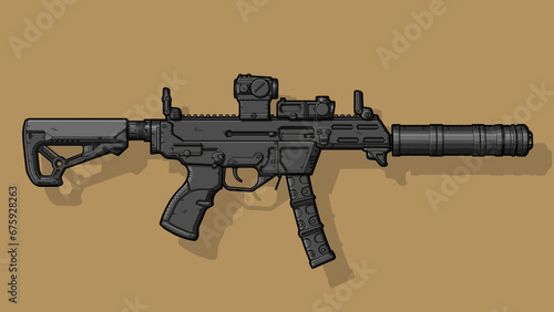 Close-up of a black VPO 185 rifle with a silencer on an isolated brown background. Art Line