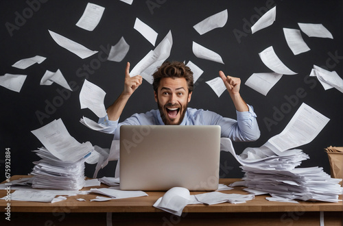 A happy man throws papers in different directions, celebrates the completion of her work.