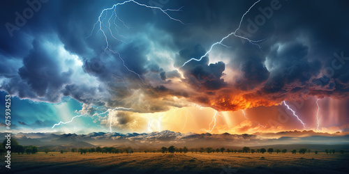 Panoramic view of dramatic sky with gray rainy clouds with lightnings over beautiful summer meadow before storm. Summer rural landscape in rainy weather. Weather forecast concept.