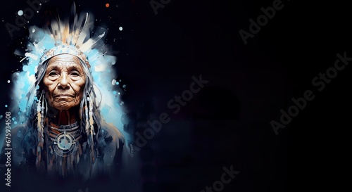 Old wise shaman in blue watercolor style. Woman has feathers and native jewelry. Stern expression on her face, serious eyes full of wisdom. Spirituality, esoteric.
