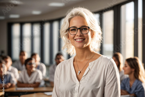 Happy Woman Instructor of a Medical Educational Institution with White Hair and Glasses in Classroom with Students on a Sunny Day