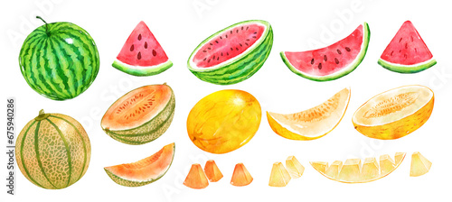 Watercolor set of watermelons and melons