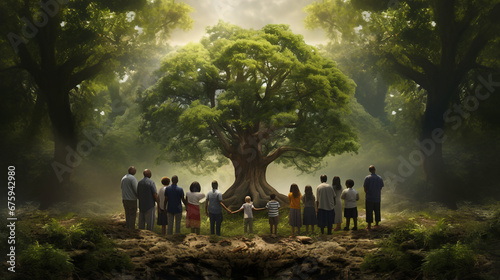 diverse family members as they stand in a circle around the newly planted tree in the forest. reverence and hope