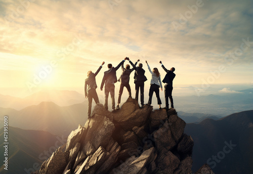 A team of business hikers, silhouetted against a magnificent mountain sunrise, embodies teamwork, trust, and assistance as they climb to the summit. Generative AI.