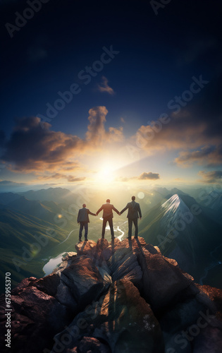 Triumphant businesspeople, working together as a team, celebrate their success on the mountaintop just as the sun rises, raising their hands in victory. Generative AI.