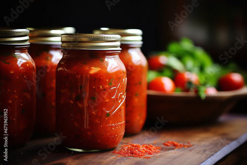 Mason jars filled with homemade canned tomato salsa are sealed and placed on a wooden table.