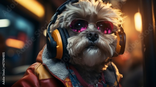 Stylish dog wearing headphones and fashionable clothes