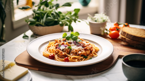 Italian spaghetti on a kitchen table