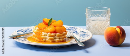 The beautiful white plate on the blue tablecloth with a white background showcased a stunning dessert adorned with fresh peaches and a dollop of yellow marmalade making for a sweet and enti