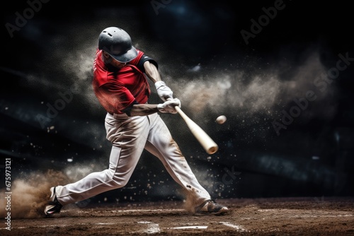Baseball player hitting ball with bat
