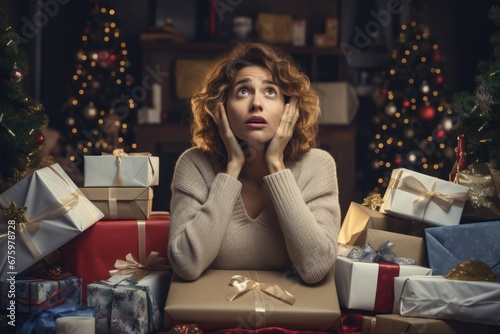 Stressful Holiday: Woman Struggling with Christmas Clutter and Wrapping Presents
