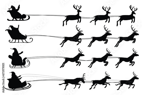 Vector Christmas black and white illustration with Santa Claus riding his sleigh pulled by reindeers