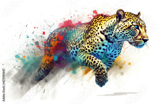 Leopard - Elegante Raubkatze in Bewegung inmitten von Farben Splash