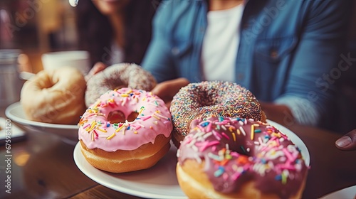  a person sitting at a table with a plate of doughnuts and a cup of coffee in front of them. 