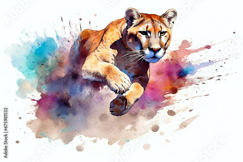 Puma - Elegante Raubkatze in Bewegung inmitten von Farben Splash