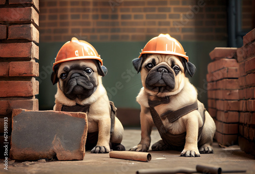 Dog, pug - foreman at a construction site in a protective helmet. Pugs builders. AI generated.